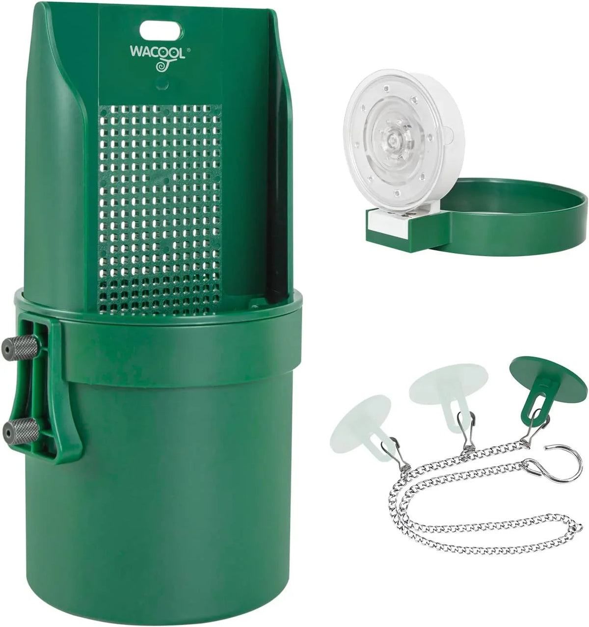 Green reptile tank filter with accessories, detachable suction cups, and LED light