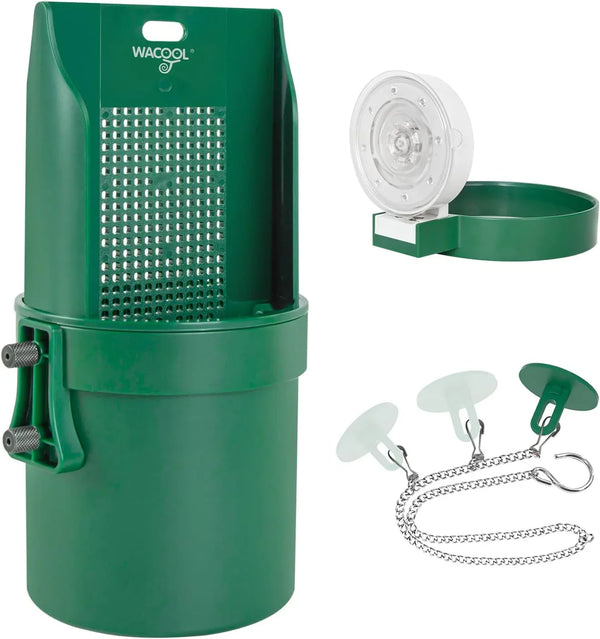 Green reptile tank filter with accessories, detachable suction cups, and LED light