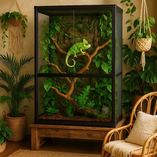 Large glass reptile terrarium with branches, plants, and a chameleon inside