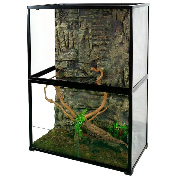 Large glass reptile terrarium with faux rock background, branches, and plants