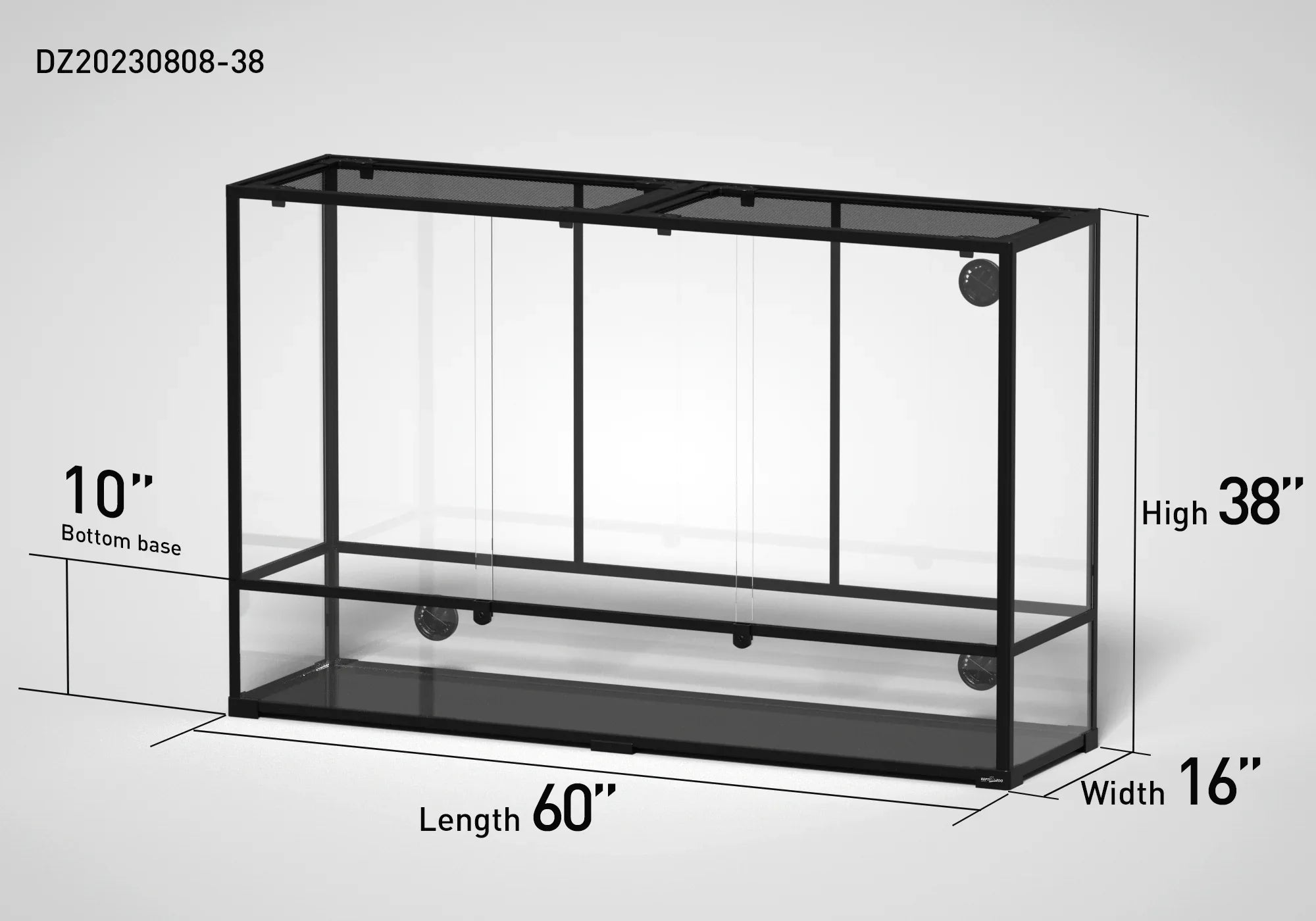 Large glass reptile terrarium, 60x16x38 inches, with sliding doors and mesh top, black frame. Main image