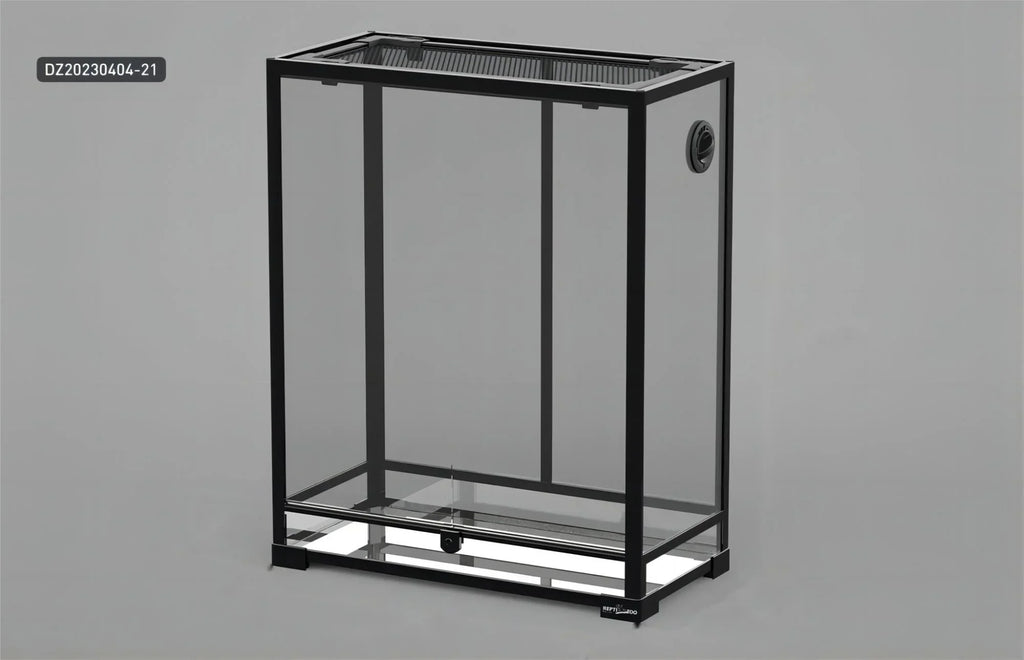 38 gallon glass reptile terrarium tank with black frame, mesh top, and front vent