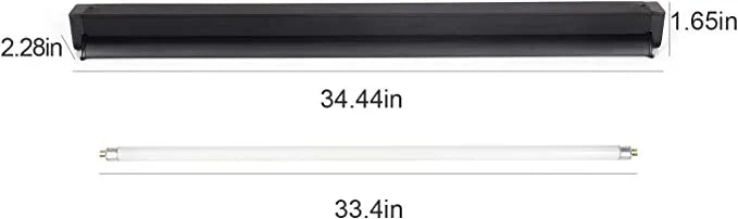 Reptile UVB fluorescent tube light and black fixture with measured dimensions, ideal for terrarium.