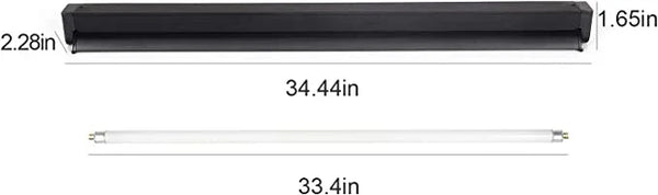 Reptile UVB fluorescent tube light and black fixture with measured dimensions, ideal for terrarium.