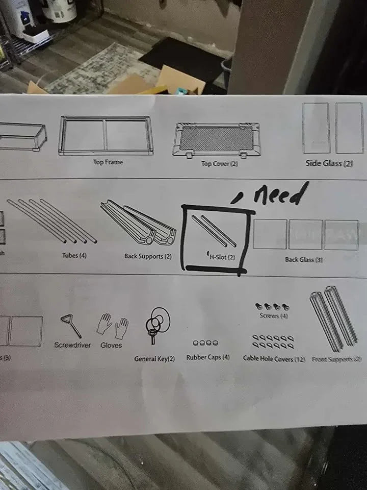Assembly instruction sheet for reptile terrarium parts including H-slot, tubes, glass panels, and accessories. Main image
