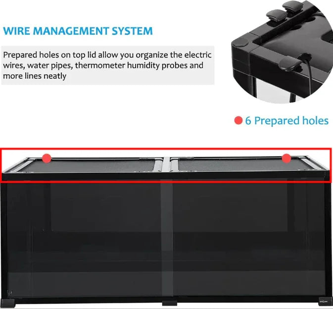 Reptile terrarium wire management with six prepared holes for cables and accessories. Main image