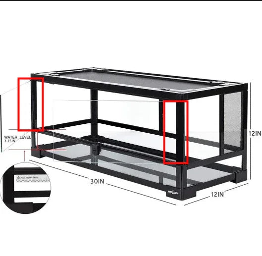 30x12x12 inch glass reptile terrarium with mesh top and water level indicator diagram