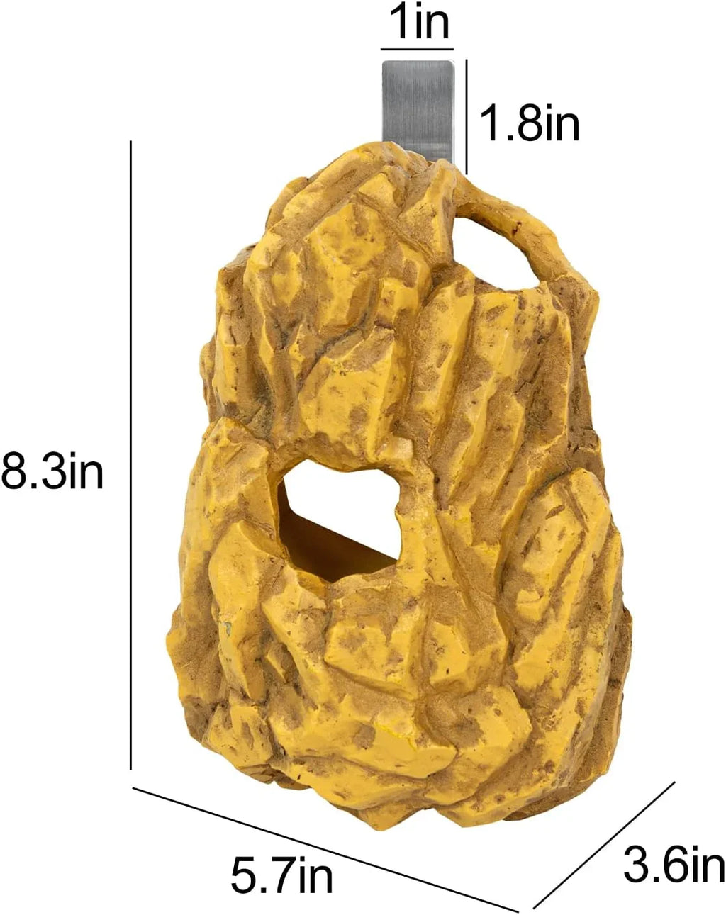 Reptile terrarium rock cave hide with metal hanger, measuring 8.3 x 5.7 x 3.6 inches.
