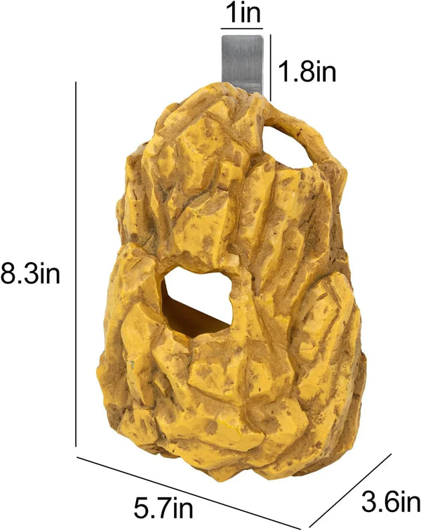 Reptile terrarium rock cave hide with metal hanger, measuring 8.3 x 5.7 x 3.6 inches.
