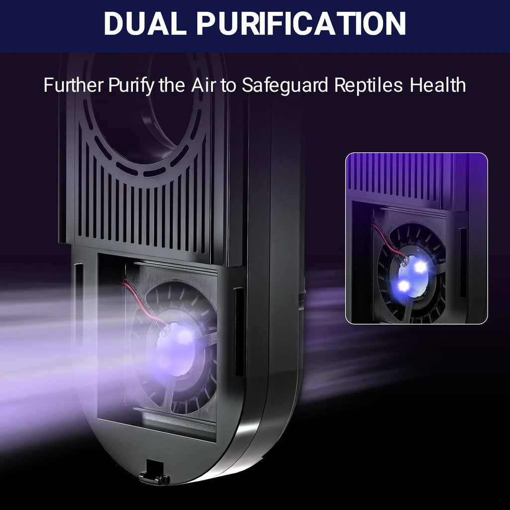 Reptile terrarium air purifier device with dual fan and UV light for healthy enclosure