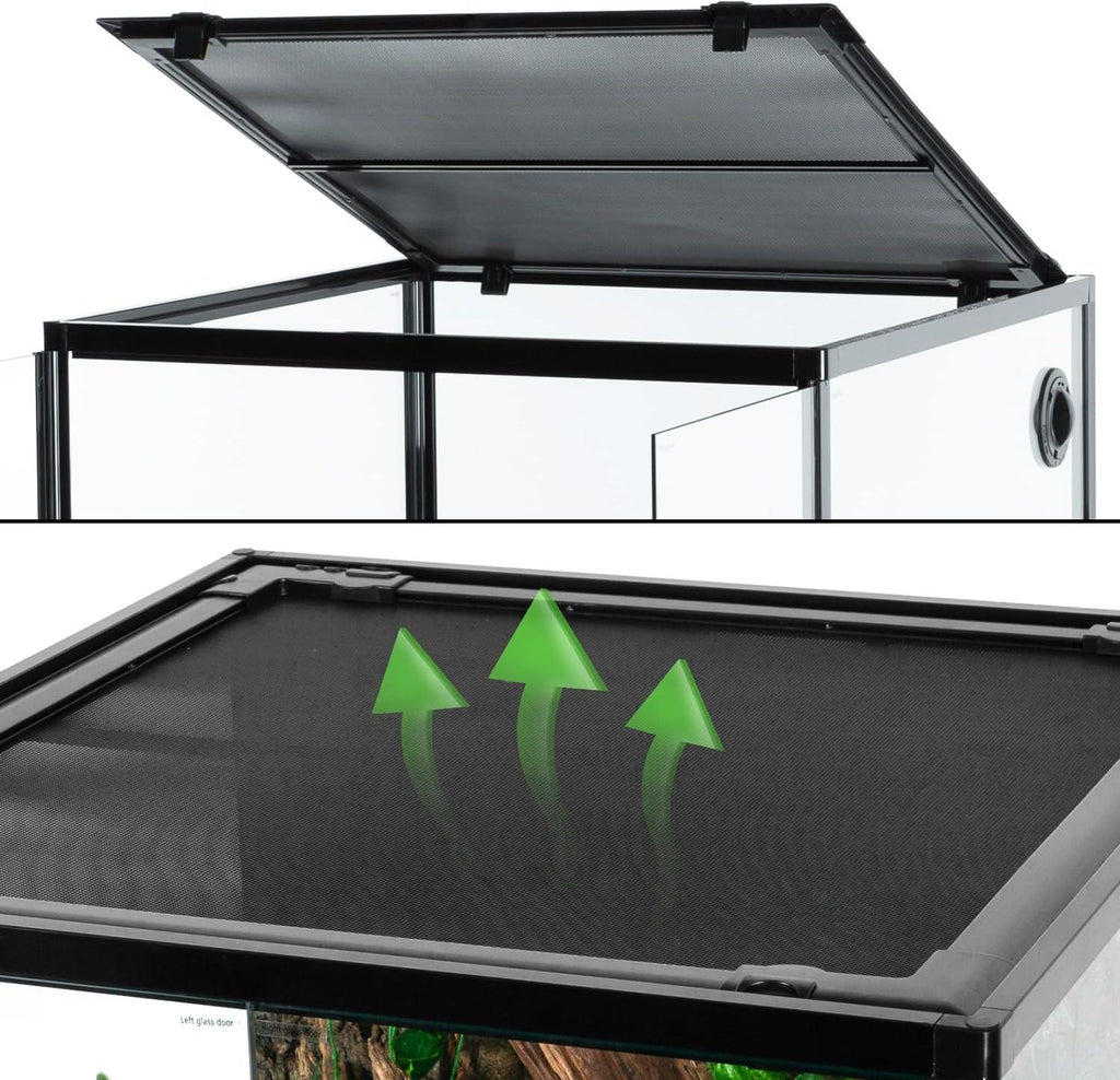 Close-up of reptile terrarium mesh screen lid with ventilation arrows, secure locking top