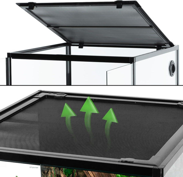Close-up of reptile terrarium mesh screen lid with ventilation arrows, secure locking top