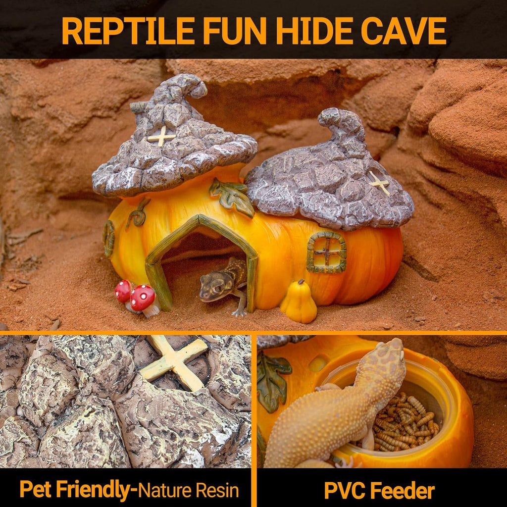 Pumpkin-shaped reptile hide cave made of resin with feeder bowl for geckos and small reptiles
