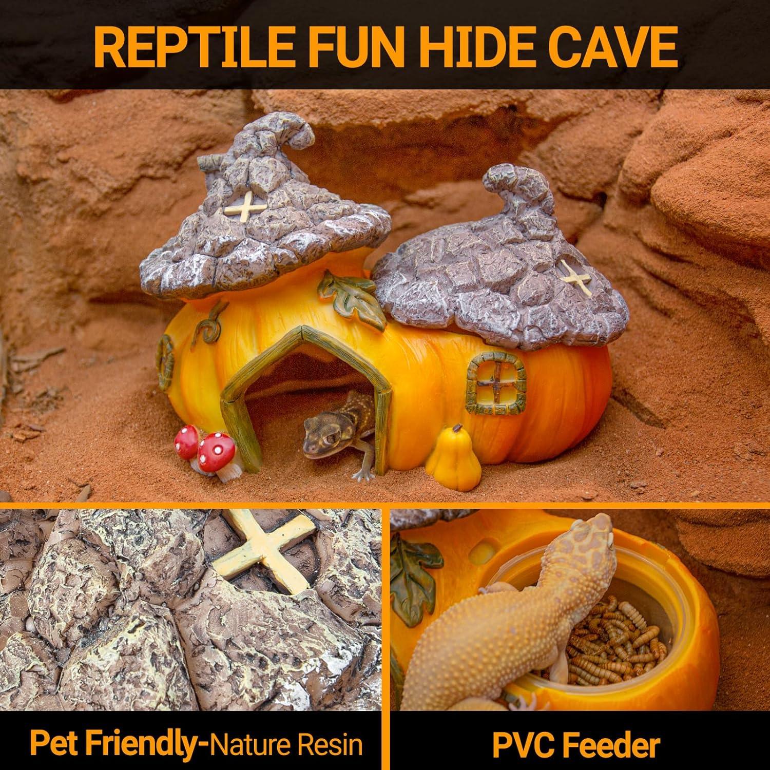 Pumpkin-shaped reptile hide cave made of resin with feeder bowl for geckos and small reptiles
