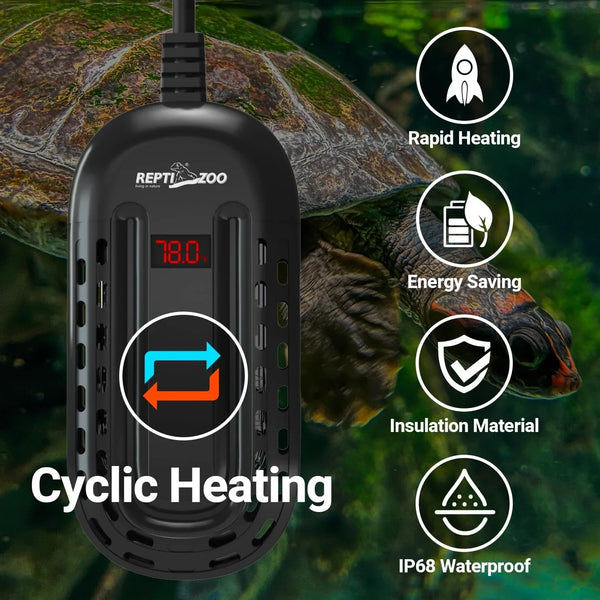Aquatic turtle tank heater with digital display, rapid heating, waterproof, and energy-saving features.