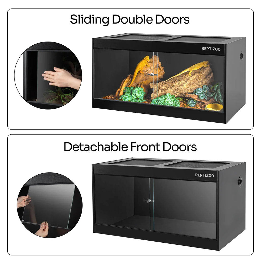 Glass reptile terrarium with sliding double doors and detachable front doors, black frame.