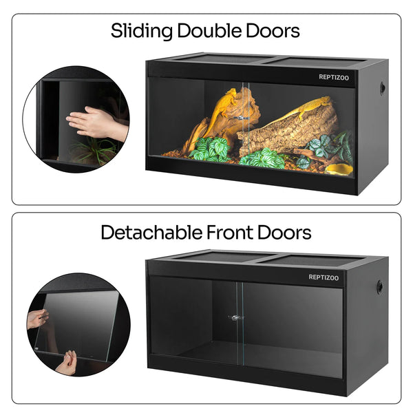 Glass reptile terrarium with sliding double doors and detachable front doors, black frame.