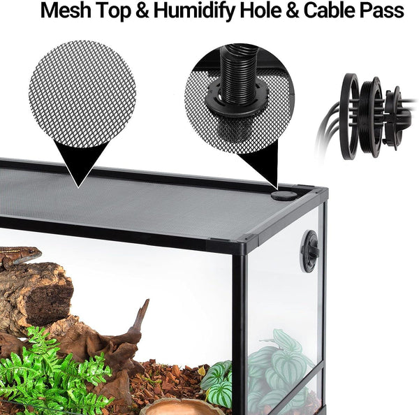 Glass reptile terrarium with mesh top, humidify hole, cable pass, and natural decor setup.