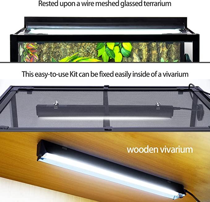 UVB and heat lamp kit for reptile terrariums, shown on mesh and wooden vivarium setups
