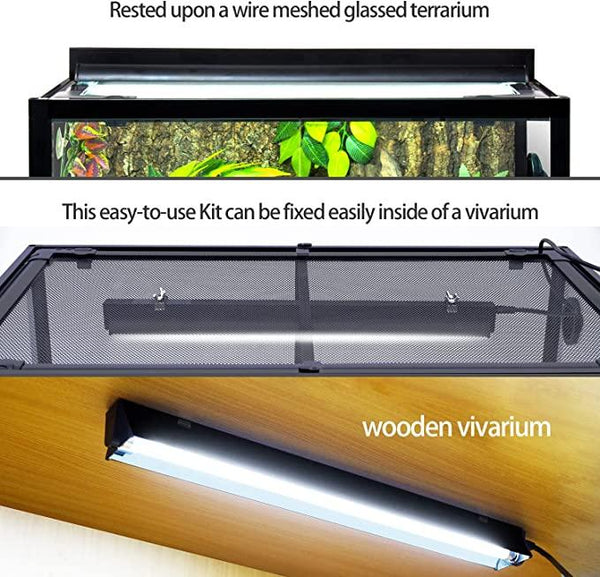UVB and heat lamp kit for reptile terrariums, shown on mesh and wooden vivarium setups