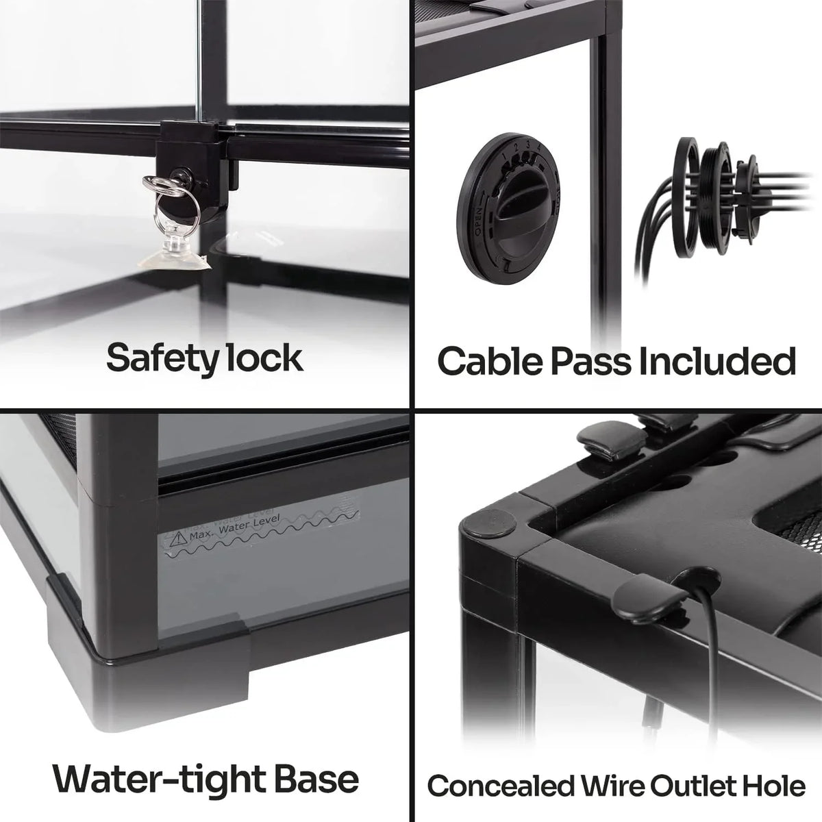 Reptile terrarium features: safety lock, cable pass, water-tight base, concealed outlet hole