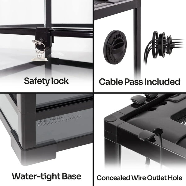 Reptile terrarium features: safety lock, cable pass, water-tight base, concealed outlet hole
