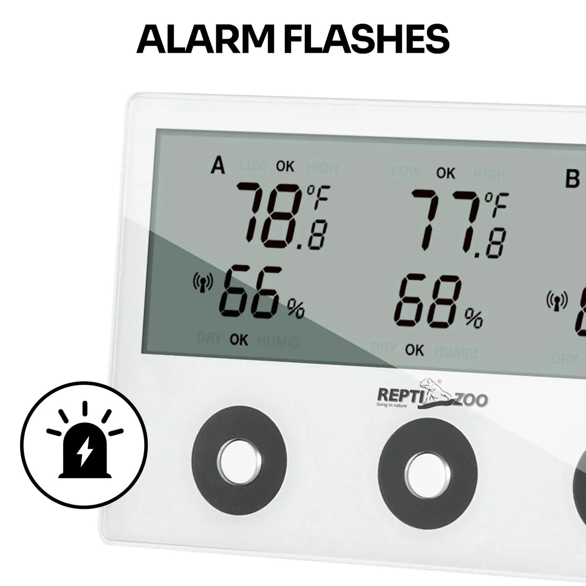 Digital reptile terrarium thermometer hygrometer with alarm flashes, temperature and humidity display.