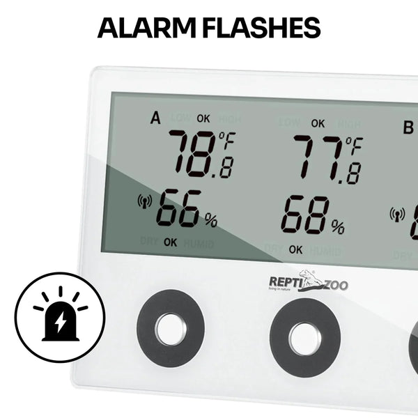 Digital reptile terrarium thermometer hygrometer with alarm flashes, temperature and humidity display.