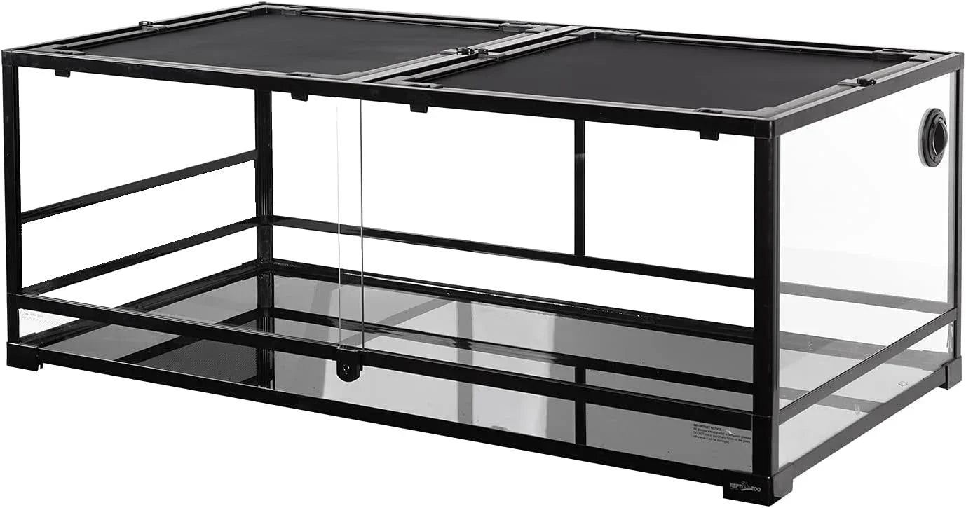 Large glass reptile terrarium with black metal frame, front sliding doors, and mesh top lid