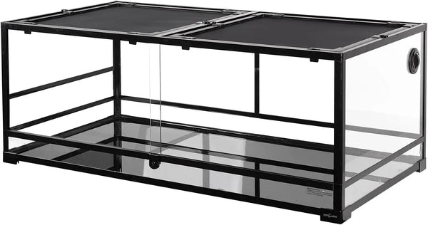 Large glass reptile terrarium with black metal frame, front sliding doors, and mesh top lid