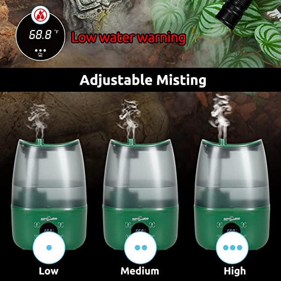 Reptile terrarium humidifier with adjustable misting levels and low water warning display