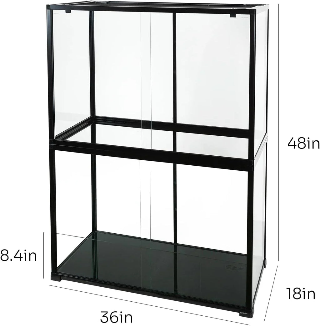 Large glass reptile terrarium with black frame, measuring 36x18x48 inches, ideal for reptiles.
