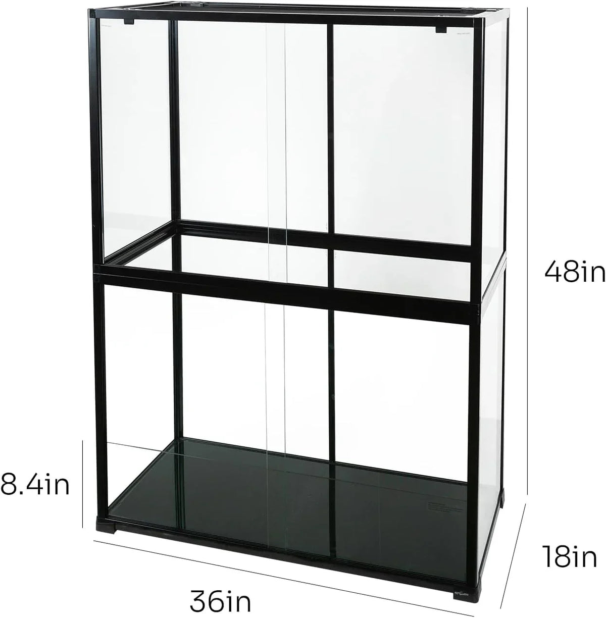 Large glass reptile terrarium with black frame, measuring 36x18x48 inches, ideal for reptiles.