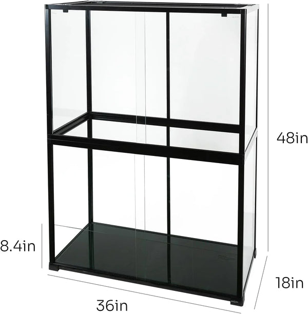 Large glass reptile terrarium with black frame, measuring 36x18x48 inches, ideal for reptiles.