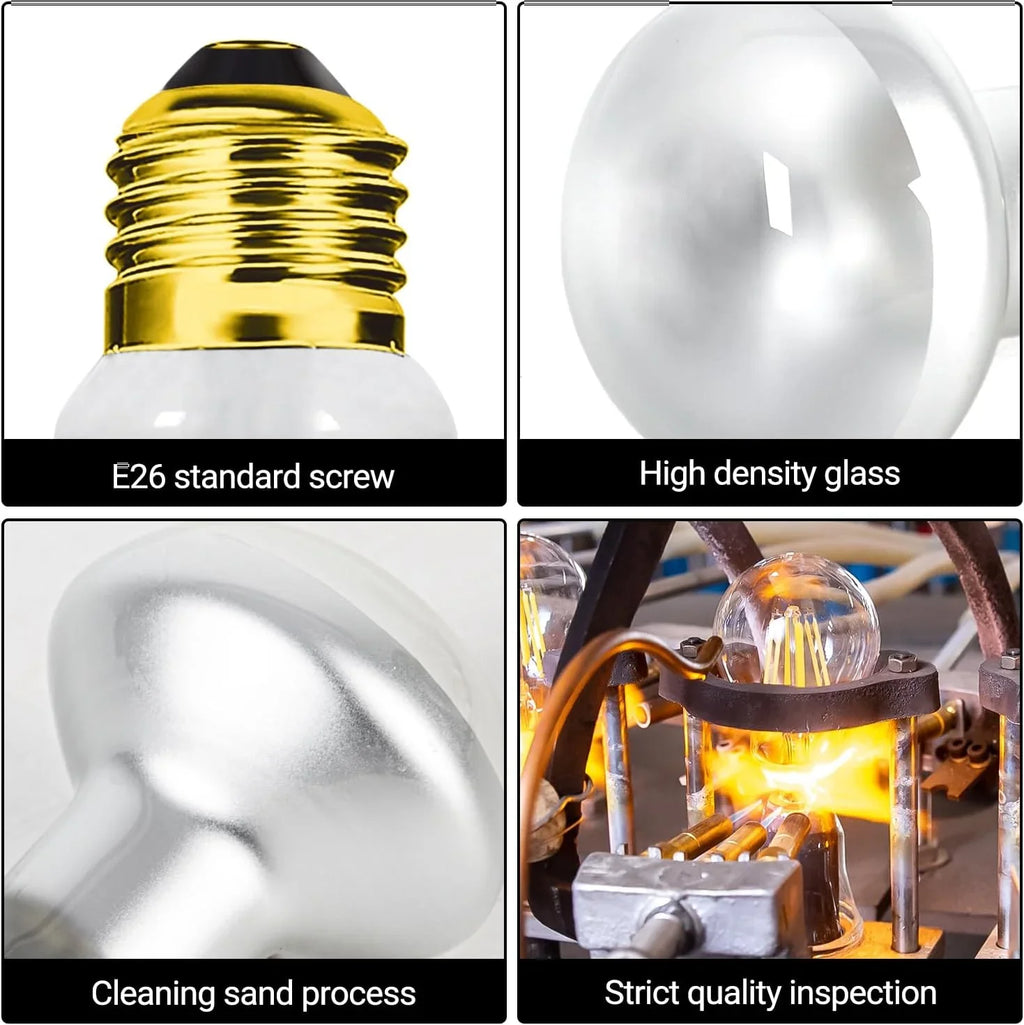 Reptile heat lamp bulb details showing E26 screw, high density glass, sanded finish, and quality inspection