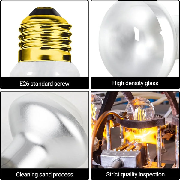 Reptile heat lamp bulb details showing E26 screw, high density glass, sanded finish, and quality inspection