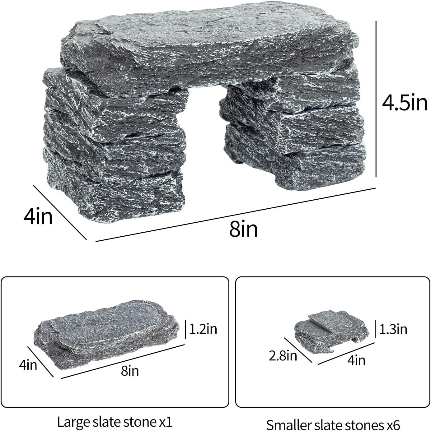 Artificial slate rock hideout for reptile terrarium, stackable stones, dimensions labeled.