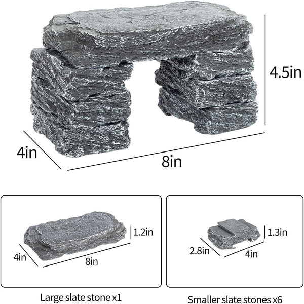 Artificial slate rock hideout for reptile terrarium, stackable stones, dimensions labeled.