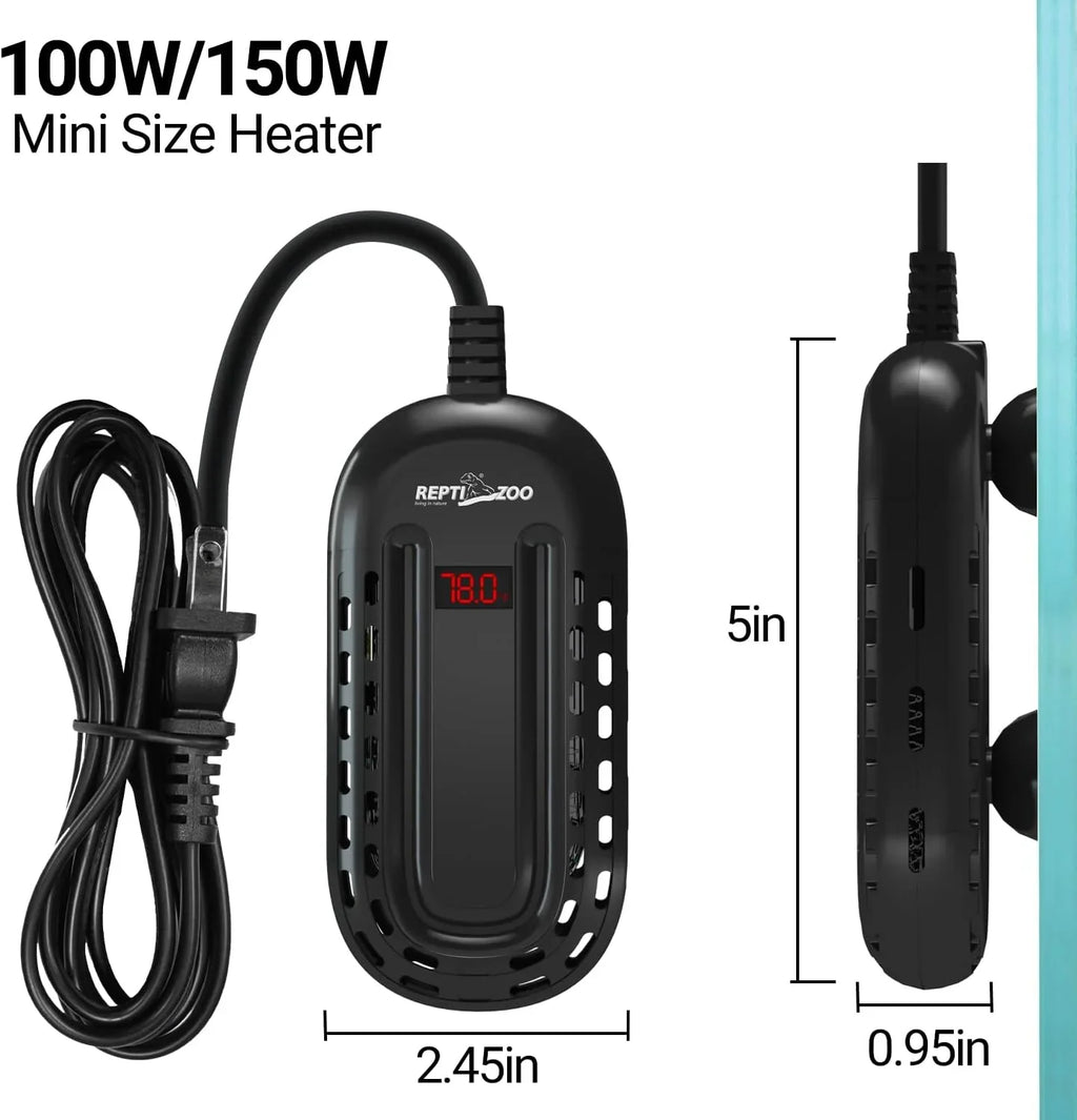 Mini aquarium heater 100W 150W with temperature display and suction cups, dimensions shown