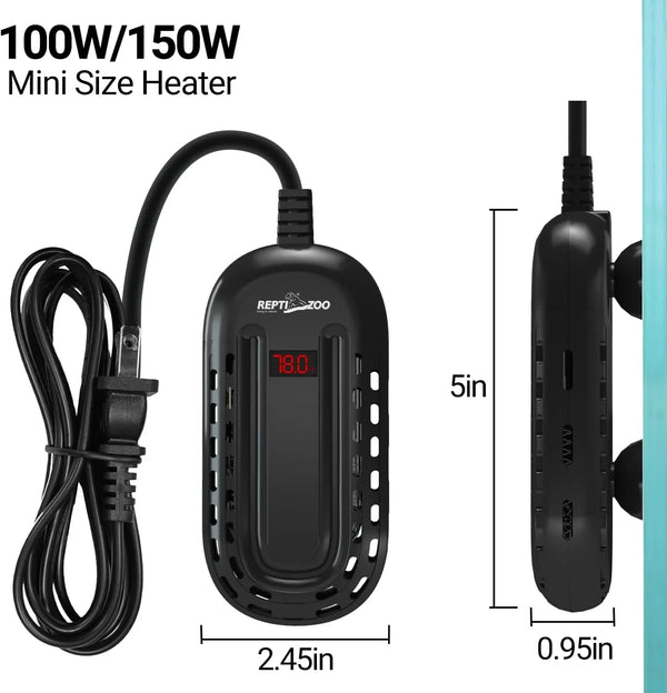 Mini aquarium heater 100W 150W with temperature display and suction cups, dimensions shown