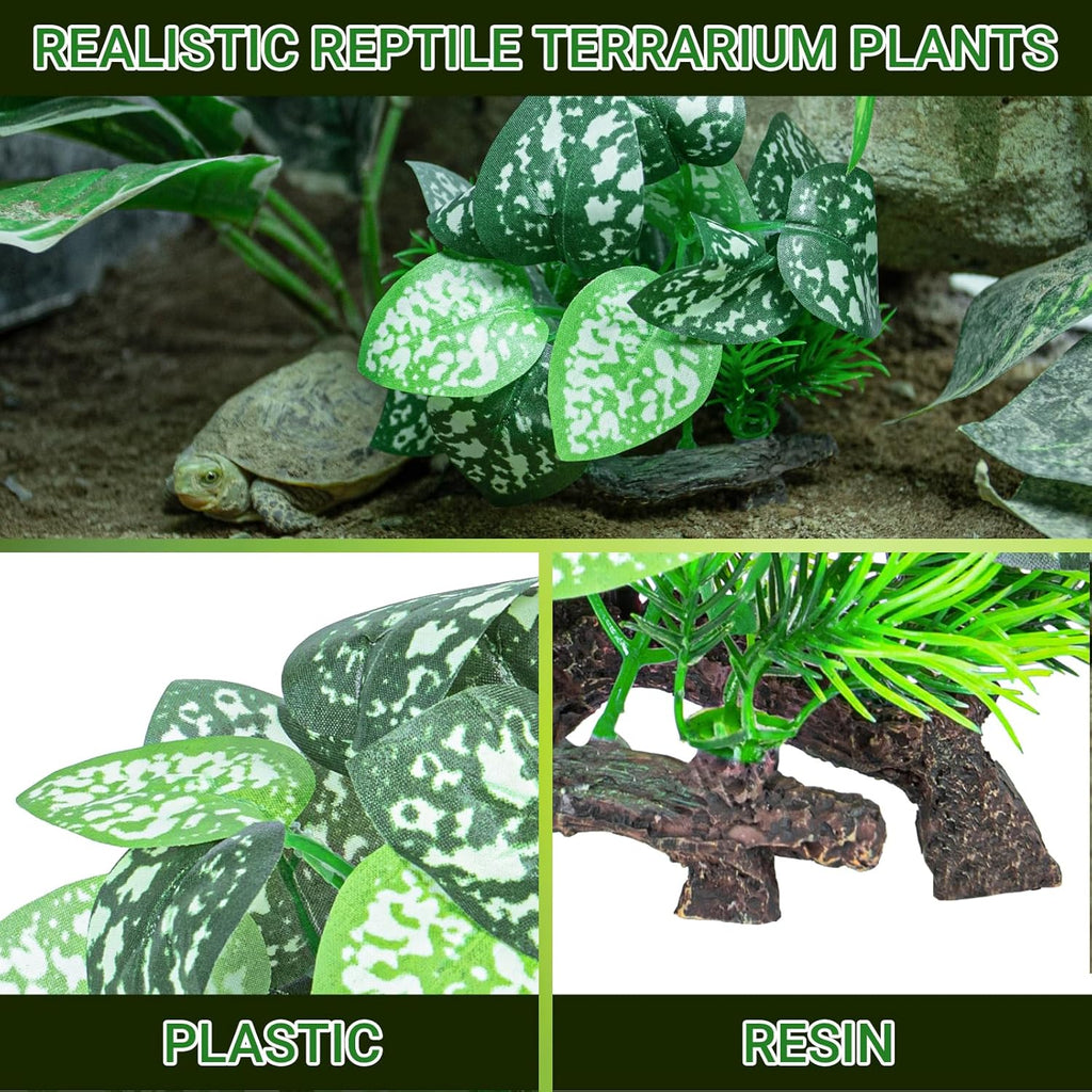 REPTI ZOO Reptile Plants, White Scindapsus Aureus Artificial Terrarium Plants, Resin Base Reptile Hide Fake Plants for Bearded Dragon Gecko Ball Python Snake Turtles Hermit Crab