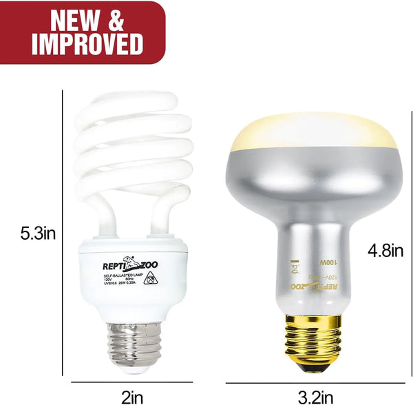Comparison of spiral UVB light bulb and heat lamp for reptile terrarium with dimensions