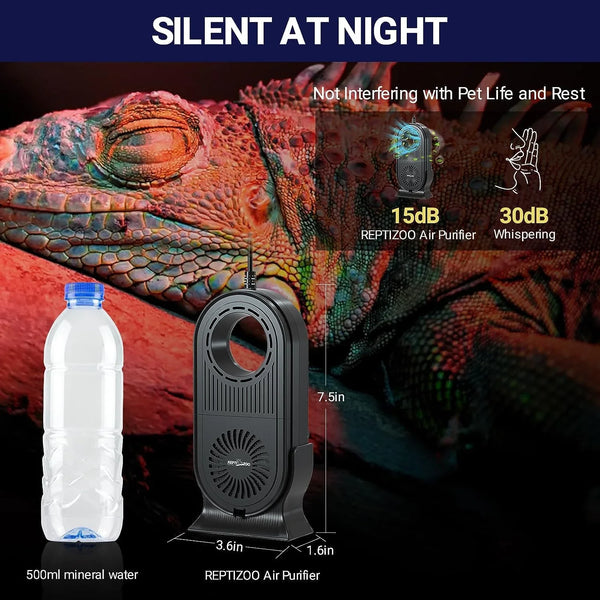Reptile air purifier next to water bottle, quiet operation, ideal for terrarium pet cages