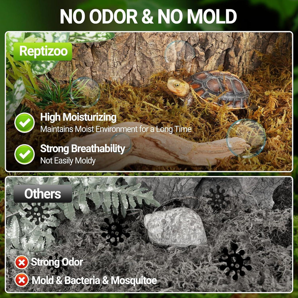 Reptile terrarium substrate comparison with tortoise, highlighting moisturizing and breathable moss.