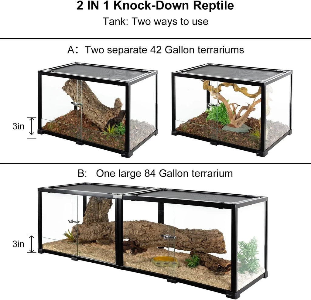 2 in 1 glass reptile terrarium, configurable as two 42 gallon tanks or one large 84 gallon tank.