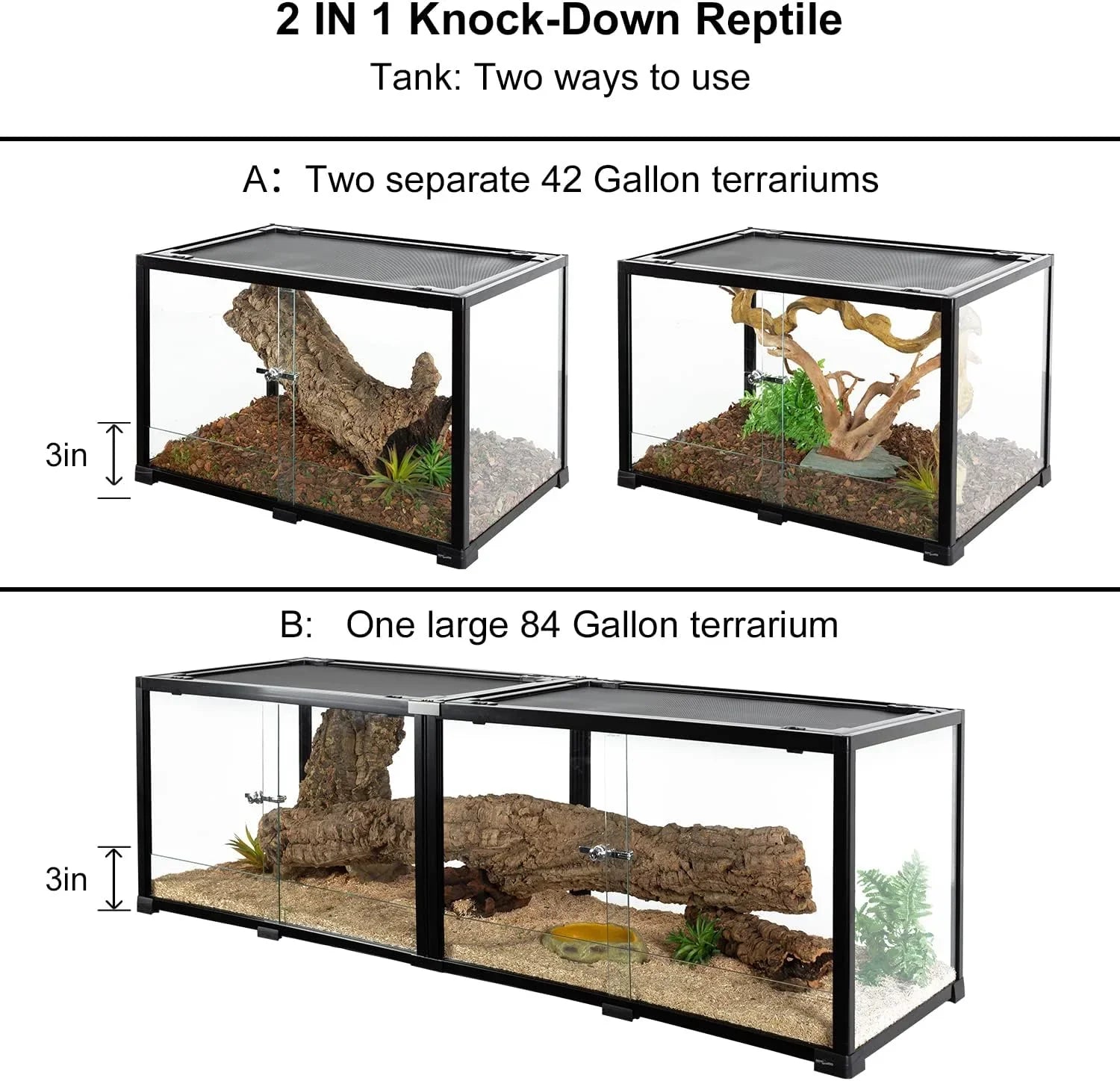 2 in 1 glass reptile terrarium, configurable as two 42 gallon tanks or one large 84 gallon tank.