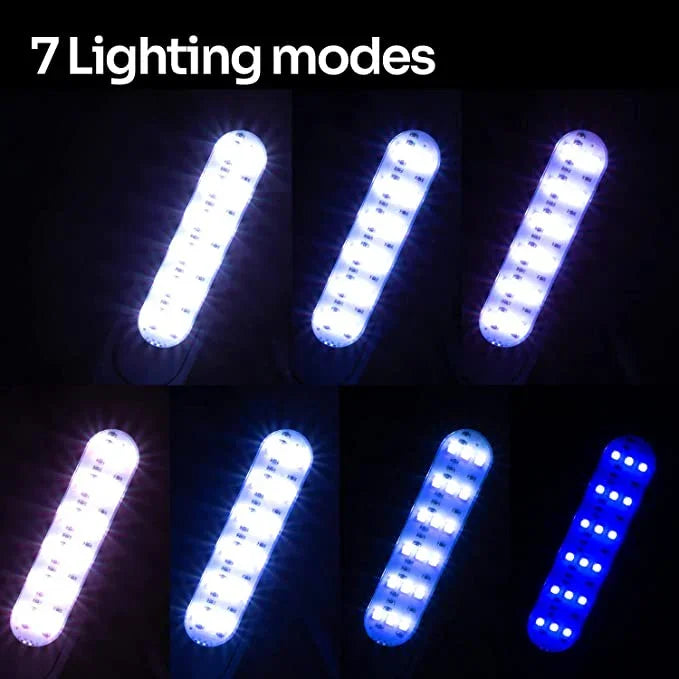 Seven UVB reptile terrarium lights displaying different blue and white lighting modes