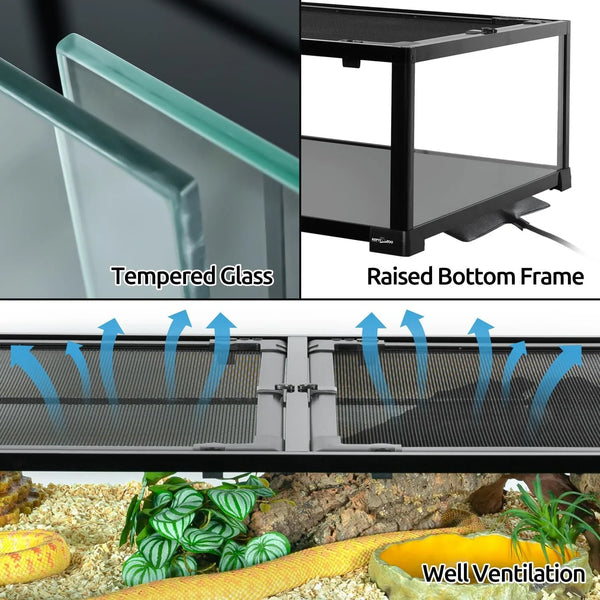 Reptile terrarium with tempered glass, raised bottom frame, and mesh top for ventilation