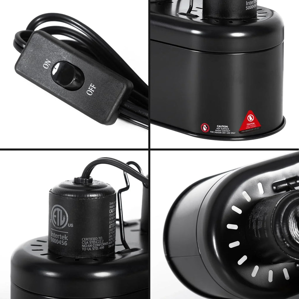 Close-up collage of black reptile heat lamp fixture with switch, socket, and safety label.