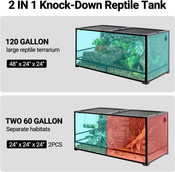 2-in-1 knock-down reptile tank, converts to 120 gallon terrarium or two 60 gallon habitats